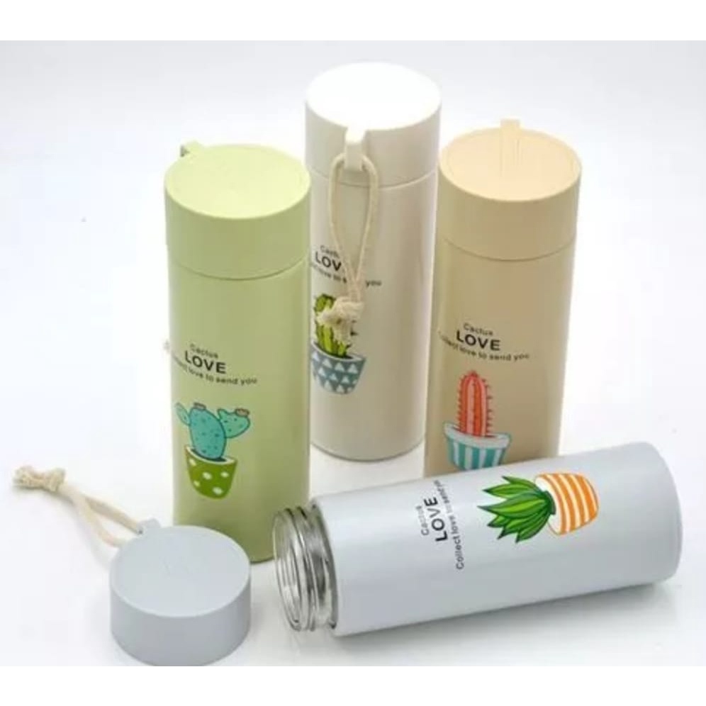 Botol Minum Kaca 450ml Motif Kaktus Unik Warna Warni / Tempat Minuman Bahan Kaca Aesthetic Cover Plastik / Thermos Tumbler Air 450 ml Murah Mini Karakter Lucu Unik Lucu Unik Korea Cantik Free BPA Tahan Panas