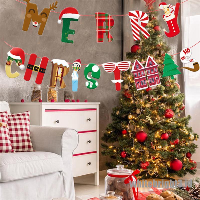 ❤White3 Warna Putih❤ 1pc Banner Bunting Desain Merry Christmas Untuk Digantung