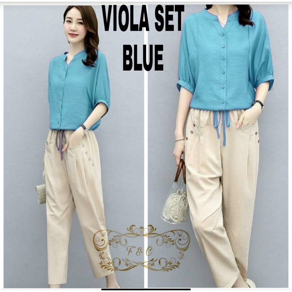 SET VIOLA FASHION PAKAIAN WANITA SETELAN ATASAN DAN CELANA BAHAN MOSCREPE FEHM