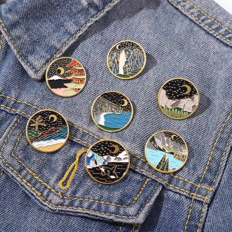 7 Styles Cartoon Starry Sky Moon Lapel Pin Mountains River Enamel Brooch Whale Backpack Badge Collectible Gift