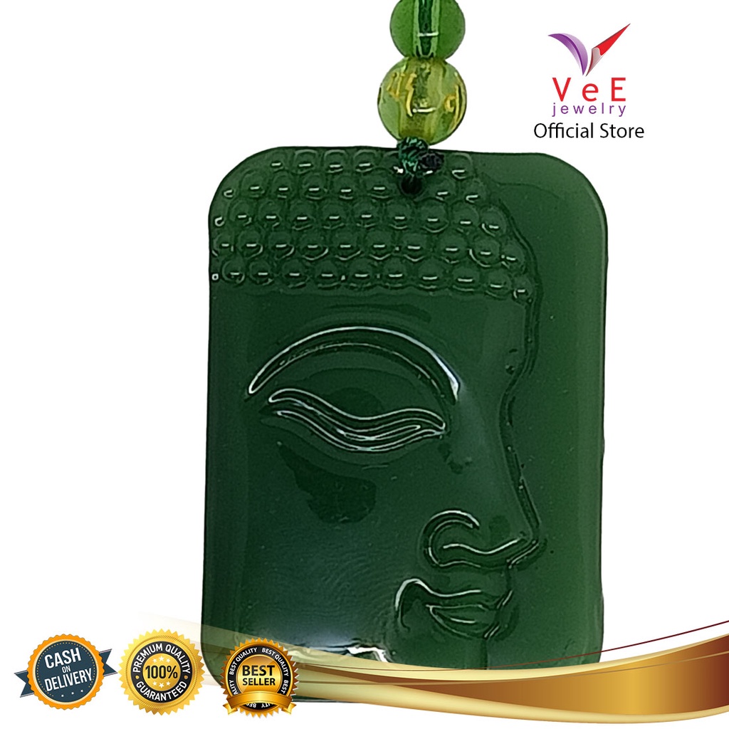 Kalung Liontin Batu Giok Asli Cina Ukiran Wajah Budha - VeE Pendant Buddha Wanita Pria