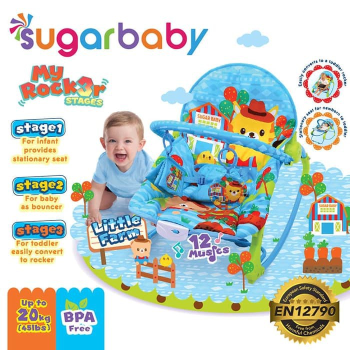 Sugar Baby My Rocker 3 Stages Little Farm Blue Biru Bouncer Bayi