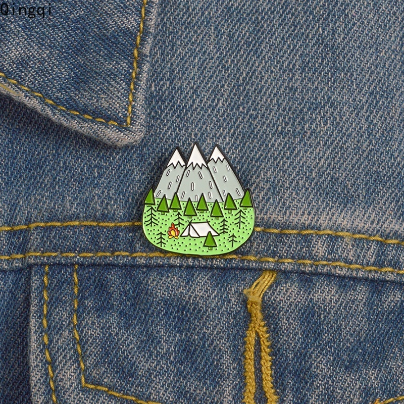 Bros Pin Enamel Desain Gunung Hutan Untuk Kerah Kemeja Denim Pria