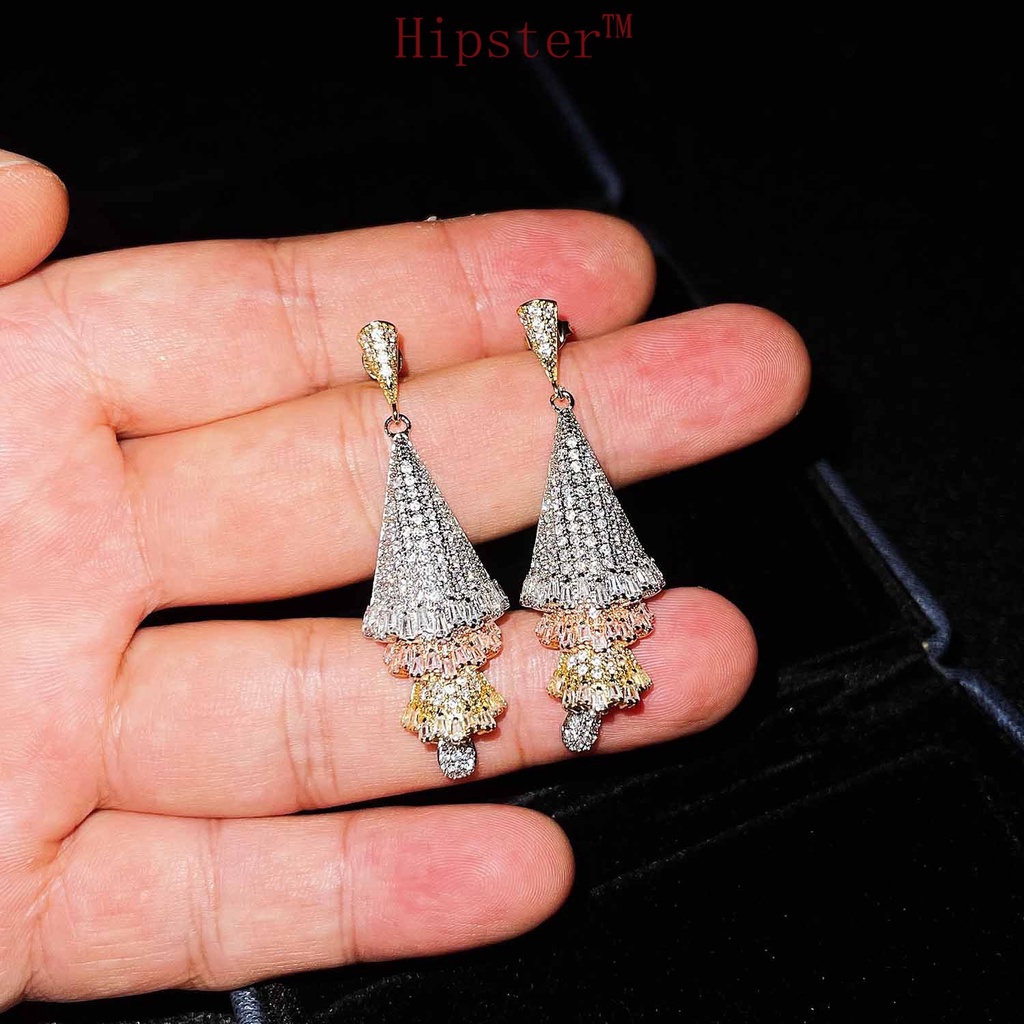 Hot Sale Design Luxury Micro Inlaid Zircon Three-Color Three-Dimensional Skirt Earrings