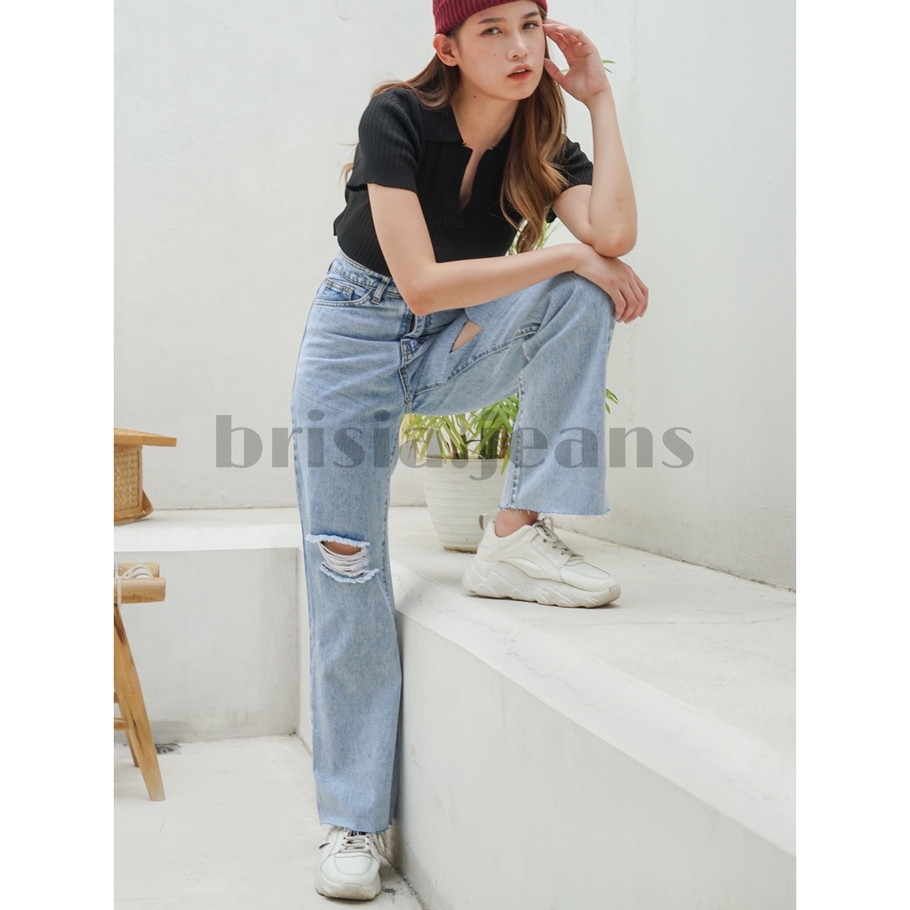 [SIZE 27-33] DAMI Ripped Boyfriend Jeans  - Snow Blue Whisker / Bigsize Boyfriend Jeans