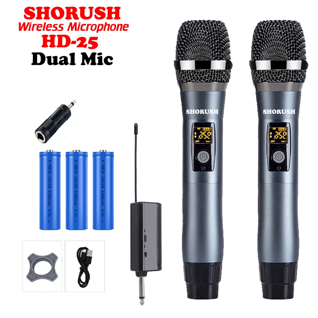 Shorush HD25 Microphone Mic Handheld Wireless UHF Rechargeable Profesional Vlog 2 orang Live Streaming HP Broadcasting Mixer Podcast Youtube Karaoke Smule