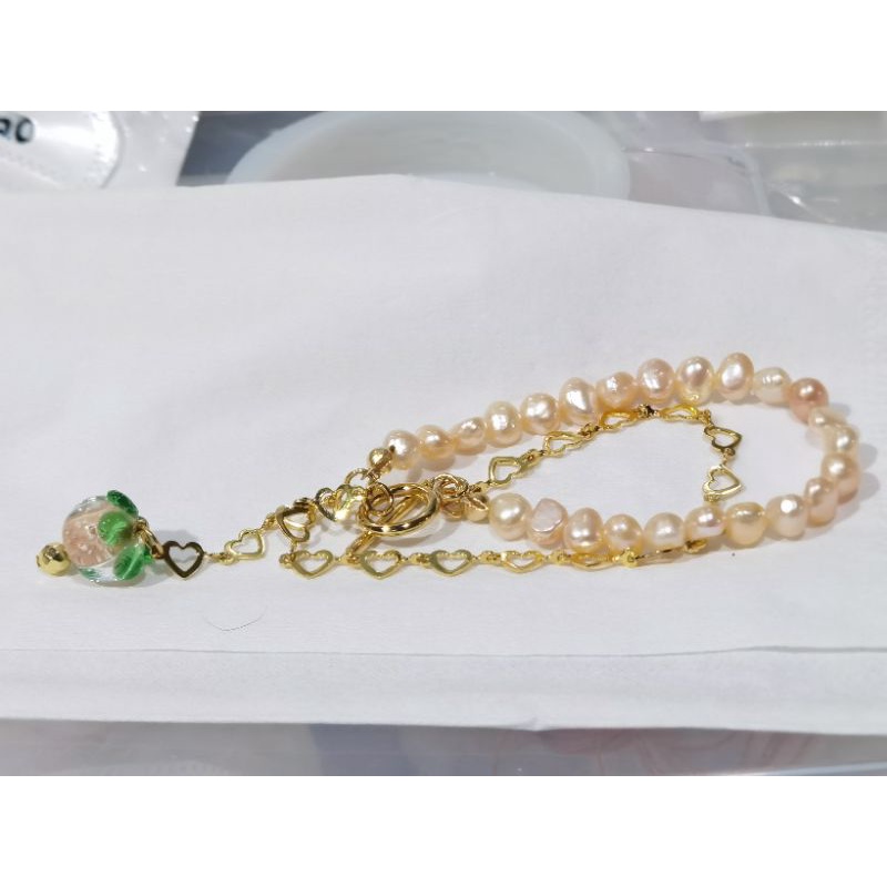 Gelang Wanita Mutiara Air Tawar Asli Import Rantai Lapis Emas 18K Lampwork Stainless Steel Mewah 17,