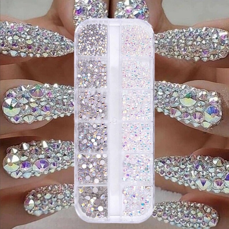 12 Grid / Set Ornamen Kristal Berlian Imitasi 3D Glitter Kaca Gem Sequins AB Untuk Dekorasi Nail Art