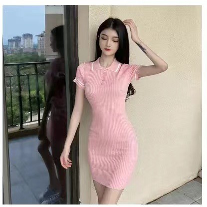 Korean Knit Bodycon Collar Mini Dress Wanita Rajut 2527