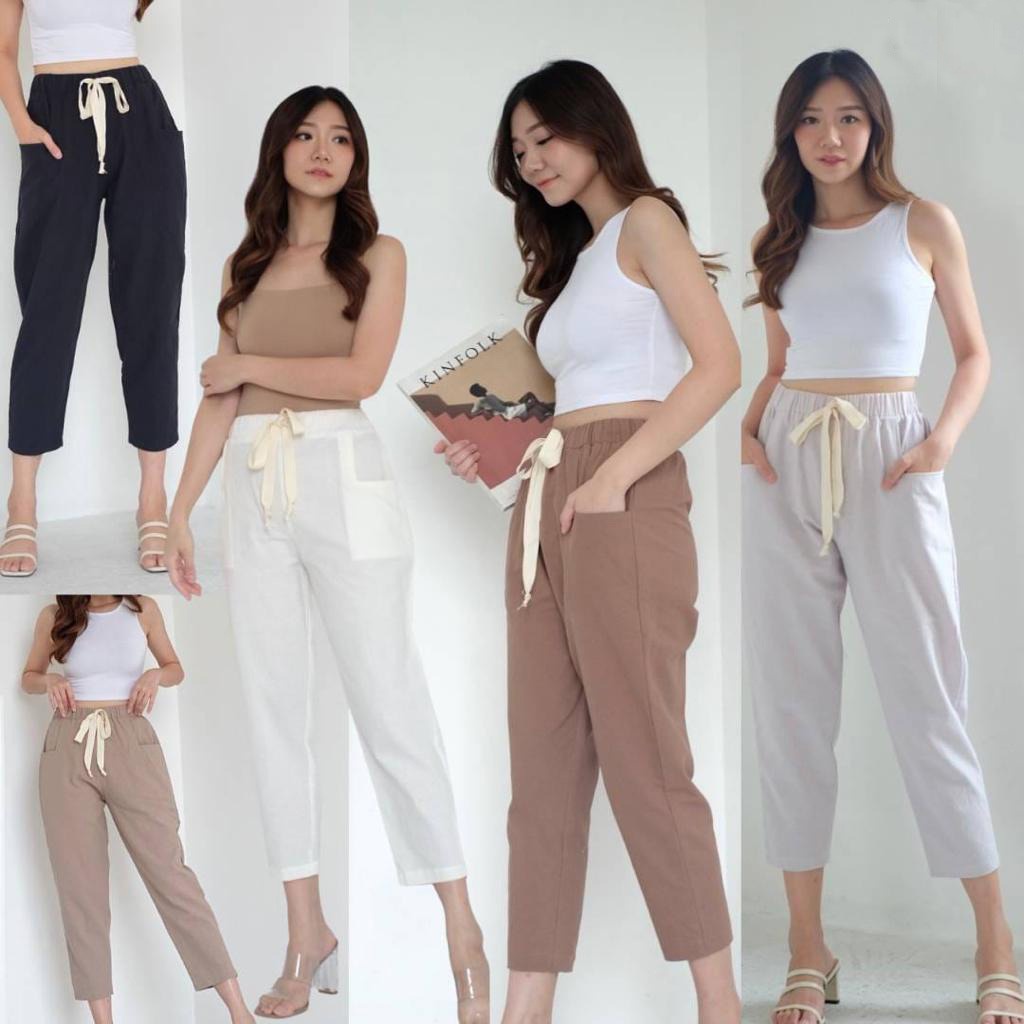 HOPYLOVY - Celana Wanita Losta Rami Linen Pants Tali / Celana Kekinian Rami Linen Baggy Pants Hikaru