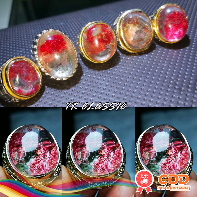 Natural kecubung karang Merah Phantom Quartz Ring Tanam Antik