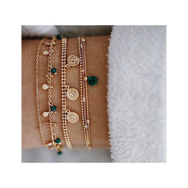 LRC Gelang Tangan Fashion Golden Wafer Character Image Glass Bead Bracelet Set D64418