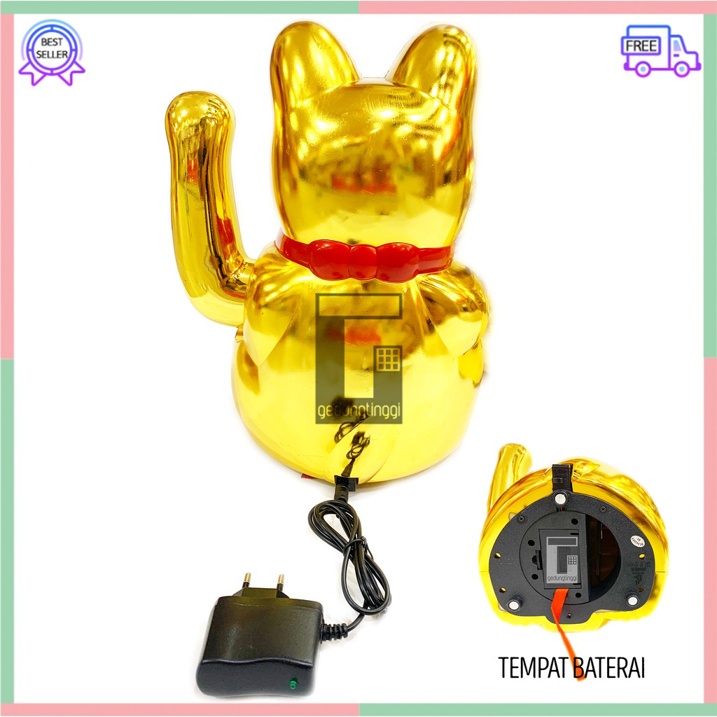 Pajangan Hiasan Dekorasi Patung Kucing Hoki Maneki Neko Maneko Neki Lucky Cat Fengshui Keberuntungan Rejeki Hias Tenaga Baterai Batrai Batre Battery Listrik Tangan Gerak Goyang Lambai Cina China Jepang Emas Gold Ukuran Size Besar Jumbo Big XL XXL 2XL 3XL