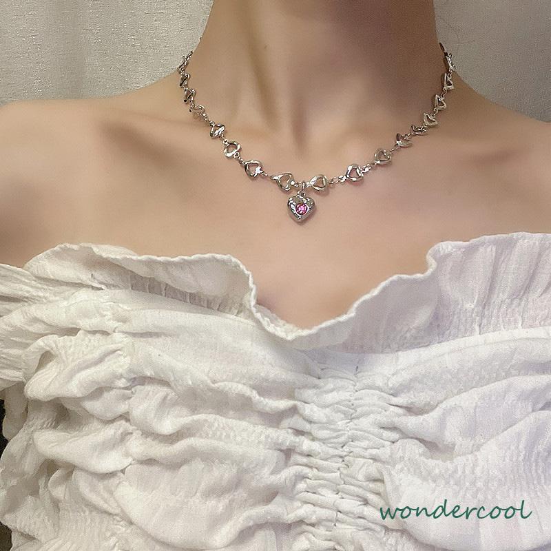 Desain Kalung Cinta Berlian Merah Muda Temperamen Rantai Klavikula-Won