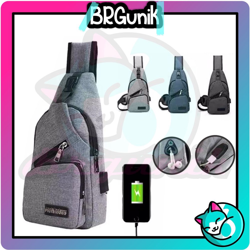 BRGUNIK Tas Slempang Pria Kain / Tas Dada / Tas USB / Tas Impor Jakarta / Tas Pria / Slingbag P005