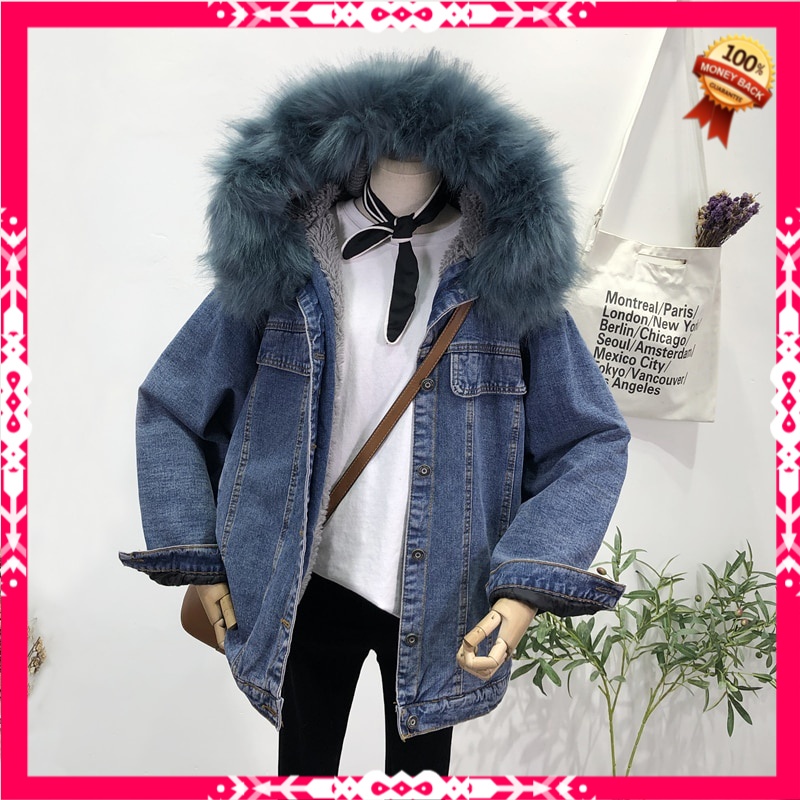 Jaket Denim Wanita Korea Harajuku Hooded Faux Fur Collar Denim Jacket Winter Women Warm Plush Lining