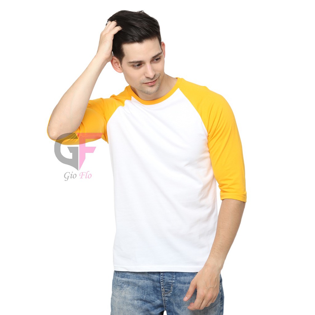 GIOFLO Kaos Simple Pria Tshirt Raglan Casual Basic Putih Emas / POL 44