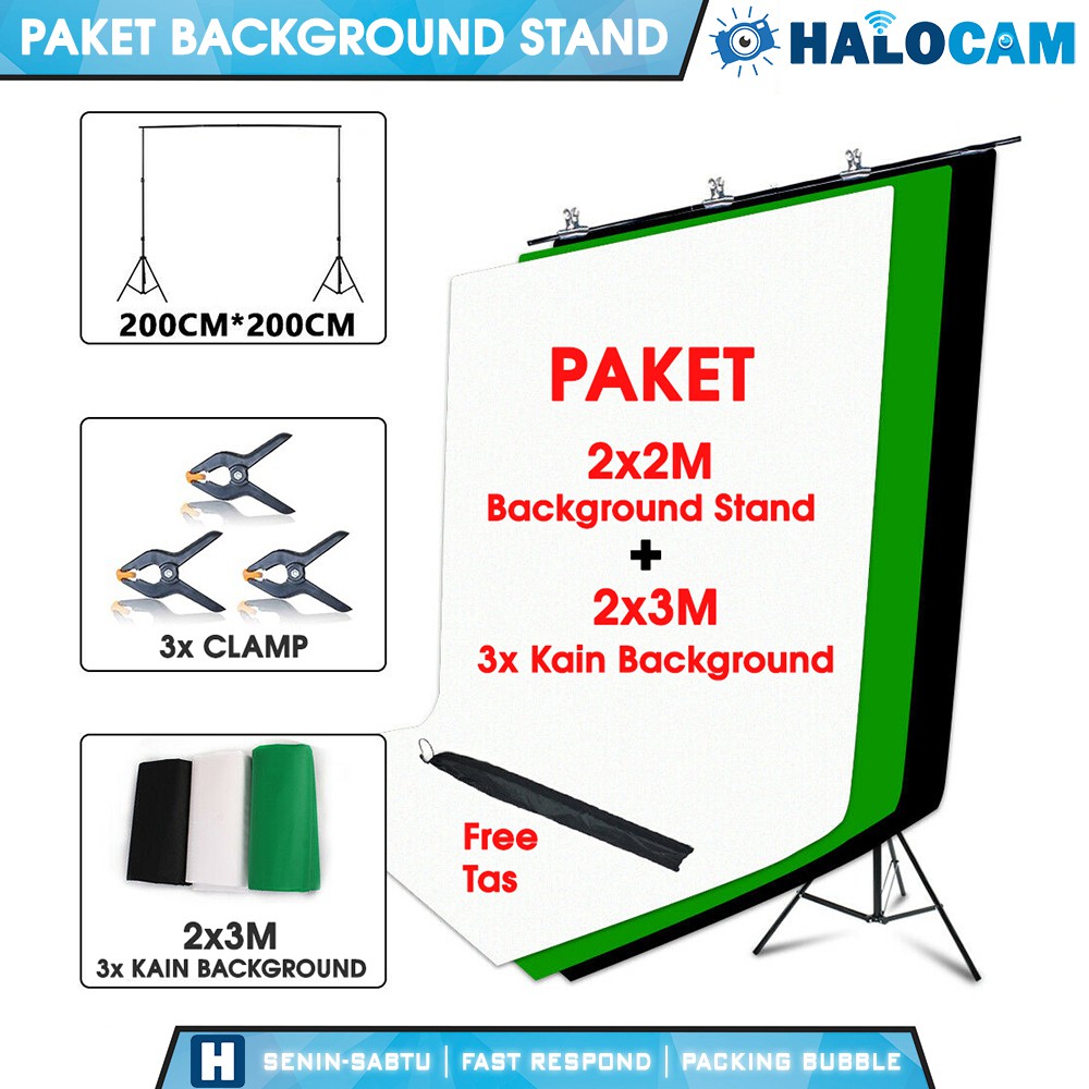 PAKET Background Stand Foto Studio + Kain Backdrop Green Screen + Clamp