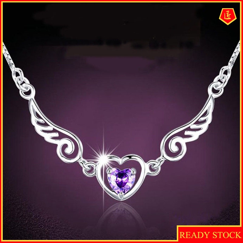 [Ready Stock]Fashion Heart Wings Jeweled Pendant Silver Necklace