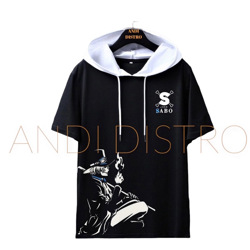 KAOS HODIE PRIA TERLARIS/KAOS DISTRO MURAH/KAOS HODIE ONE PIECE SABO KOMBINASI  HITAM PUTIH TERBARU/