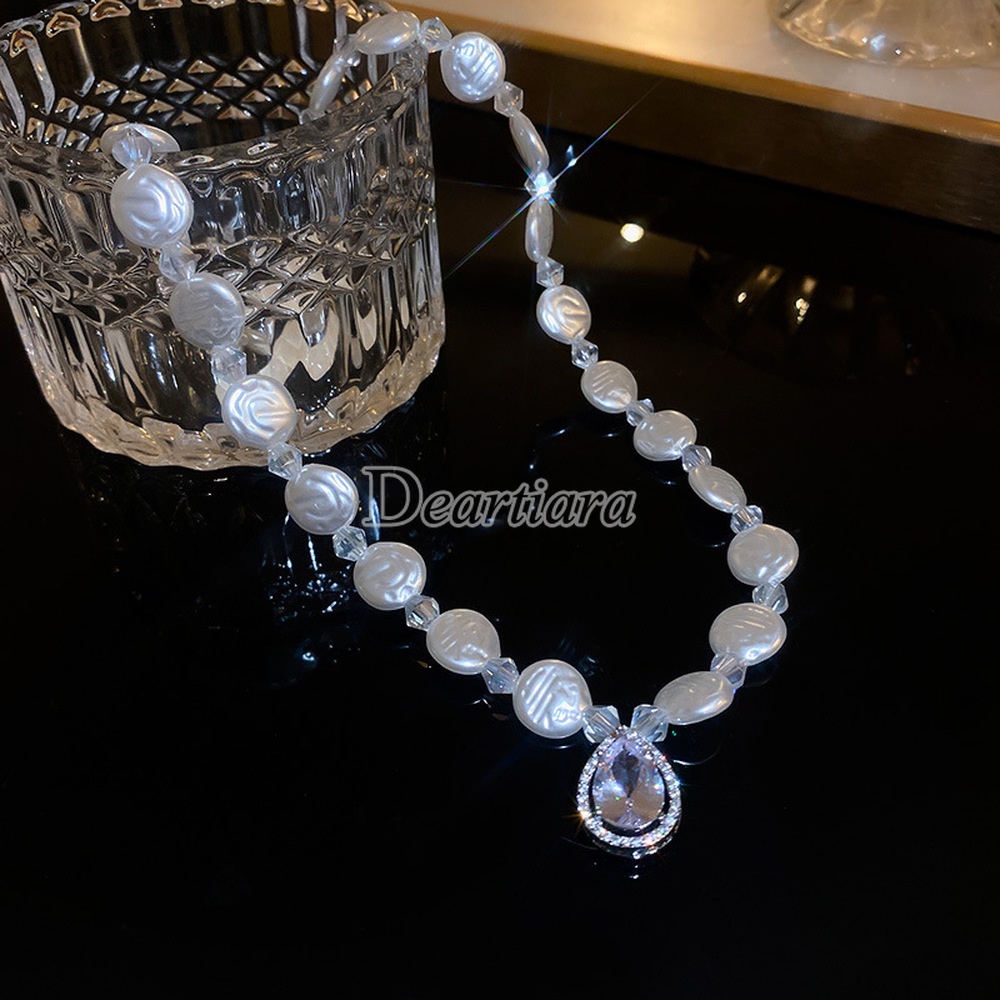 Kalung Rantai Dengan Liontin Kristal Zircon + Mutiara Asimetris Untuk Wanita