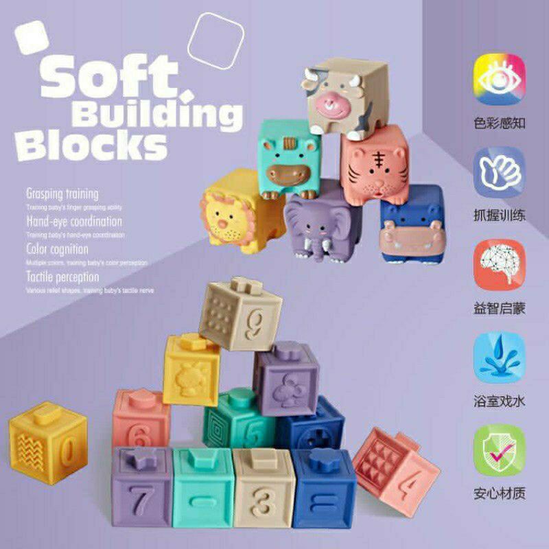 RESTOCK Softblock Mainan bayi Soft Building Blocks 12 pcs animals numbers