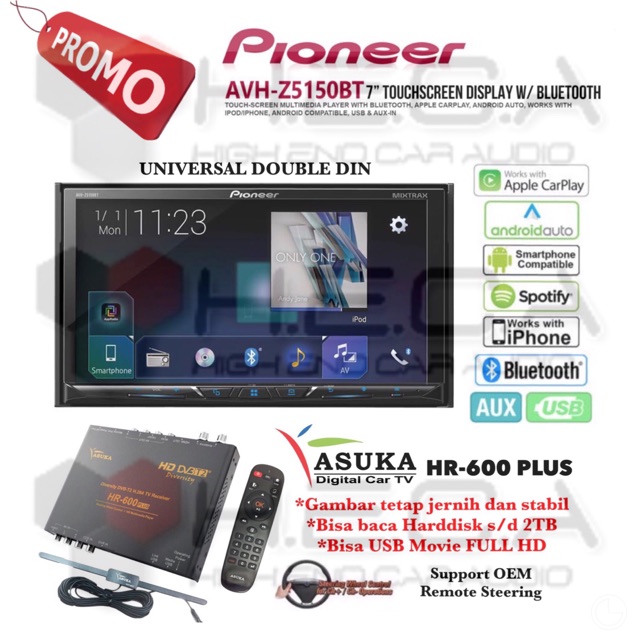 Pioneer AVH-Z5150BT Bluetooth Head Unit Double Din Tape Mobil + TV Tuner Digital ASUKA HR-600 PLUS