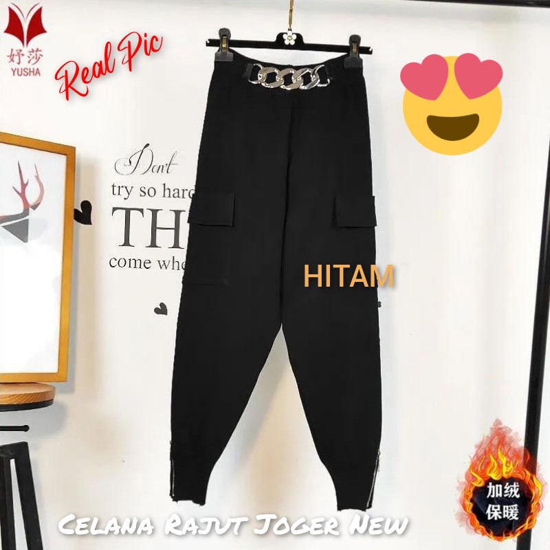 Celana Joger Wanita Rajut Motif Polos Warna Hitam/ Sweater Knit Joger Hitam Import Best Seller