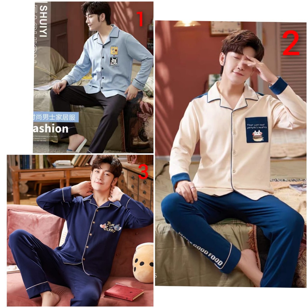BAJU TIDUR PIYAMA LAKI LAKI PP KAOS HALUS TEBAL ADEM IMPORT BERKUALITAS MOTIF KRA KANCING LIMA LENGAN PANJANG SETELAN CELANA PANJANG WARNA TERBARU BIRU PASTEL SIZE L-XXXL FIT TO 85KG