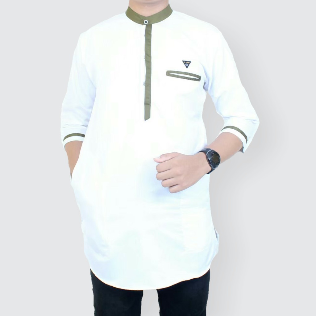 Koko Ikhwan Dewasa Kurta Ayah Pakistan Premium Bahan Toyobo Warna Putih List Hijau Lumut Lengan 3/4