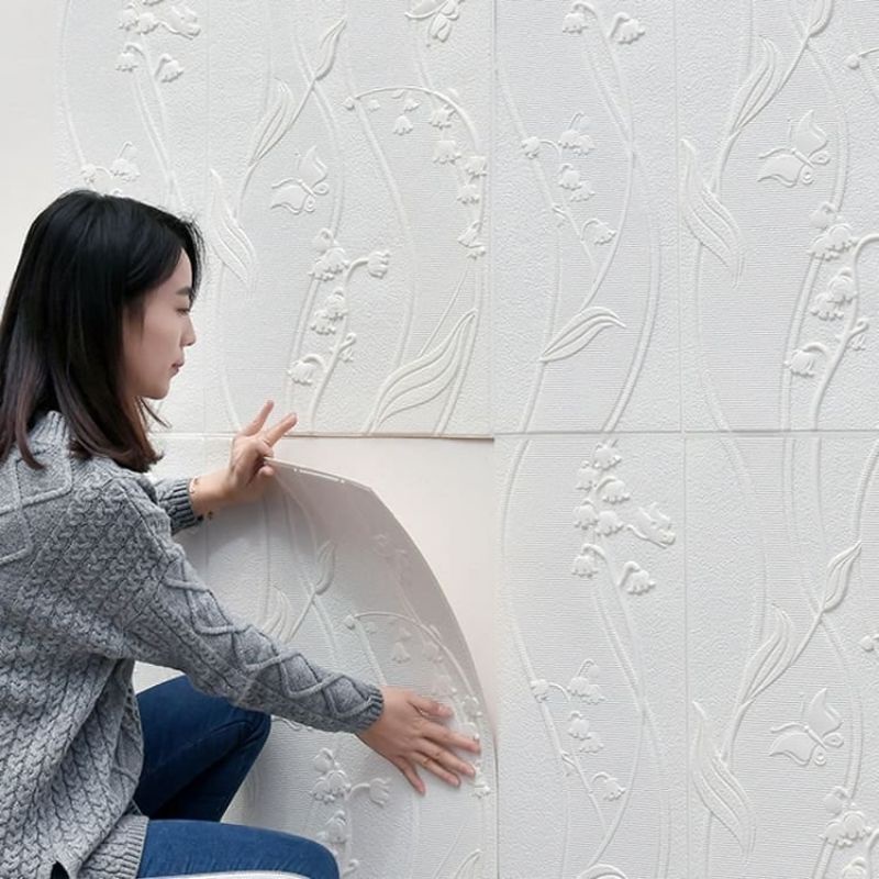 wallpaper foam premium 3D permukaan timbul motif bunga teratai putih