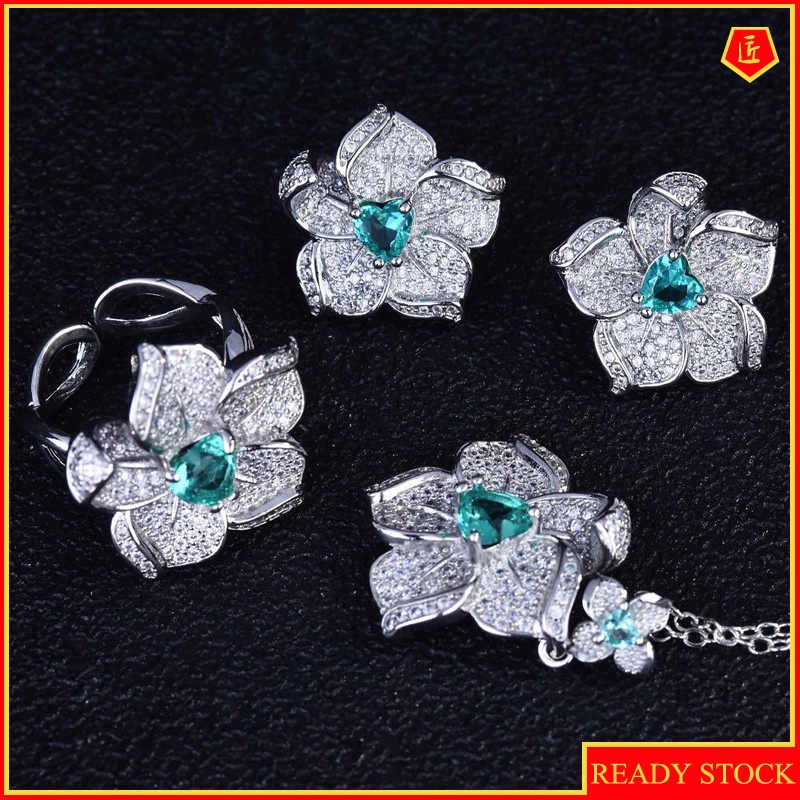 [Ready Stock]Jewelry Flower Set Colored Gems Necklace Open Ring for Women