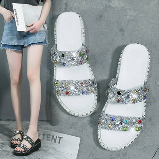  Sandal  Selop  Flat  Open Toe Aksen Berlian Imitasi Chic 