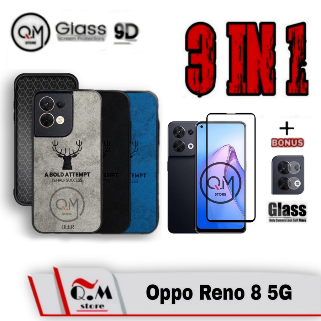 Paket 3 in1 Case Oppo Reno 8 5G Softcase Deer Pelindung Back Cover Bonus Tempered Glass Layar Plus Lensa Camera belakang