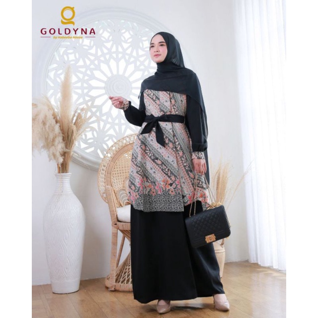 GOLDYNA Gamis Batik Hitam Elegan | Gamis Formal | Gamis Denai | Batik Dobby | Gamis Batik Kombinasi 
