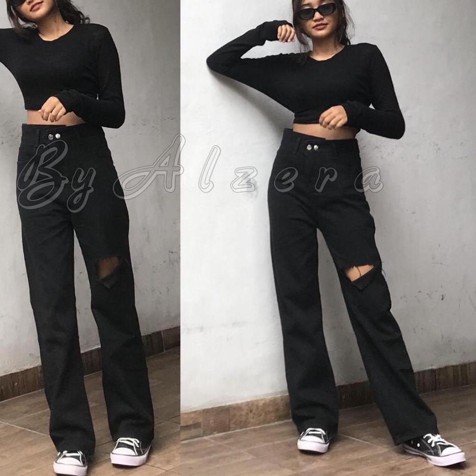 {A-UOO> {♥> HIGHWAIST JEANS KULOT HITAM SOBEK ( SOBEK SEBELAH ) / KULOT JEANS / KULOT ROBEK BY ALZER