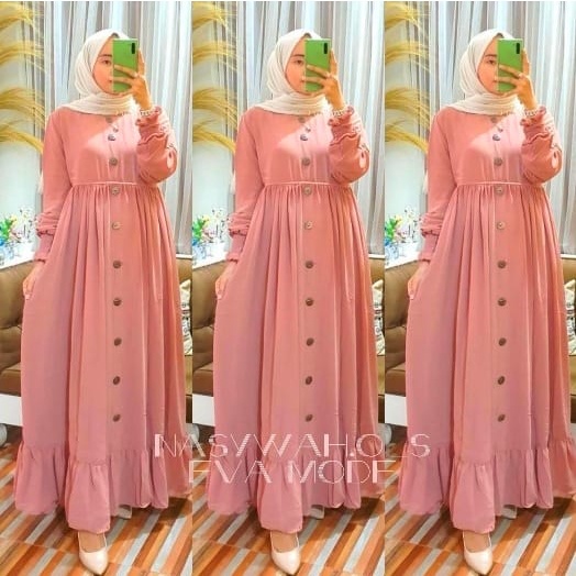 aqila maxi ceruty bebydoll /gamis ceruty bebydoll kancing terbaru /gamis syarii ceruty motif terbaru