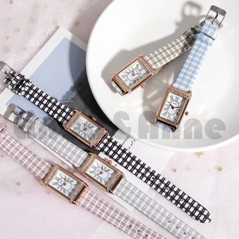 Jam Tangan Wanita Analog Romawi Dial Persegi Strap Pu Motif Kotak Kekinian