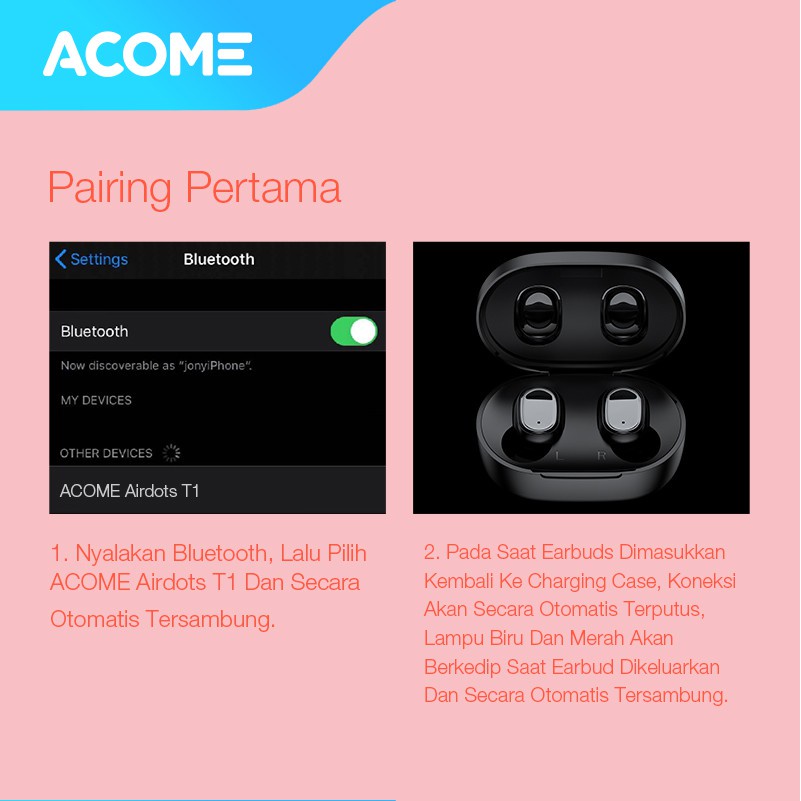 Acome Headset Earphone Bluetooth 5.0 TWS LED Garansi Resmi 1 Tahun Airdots T1