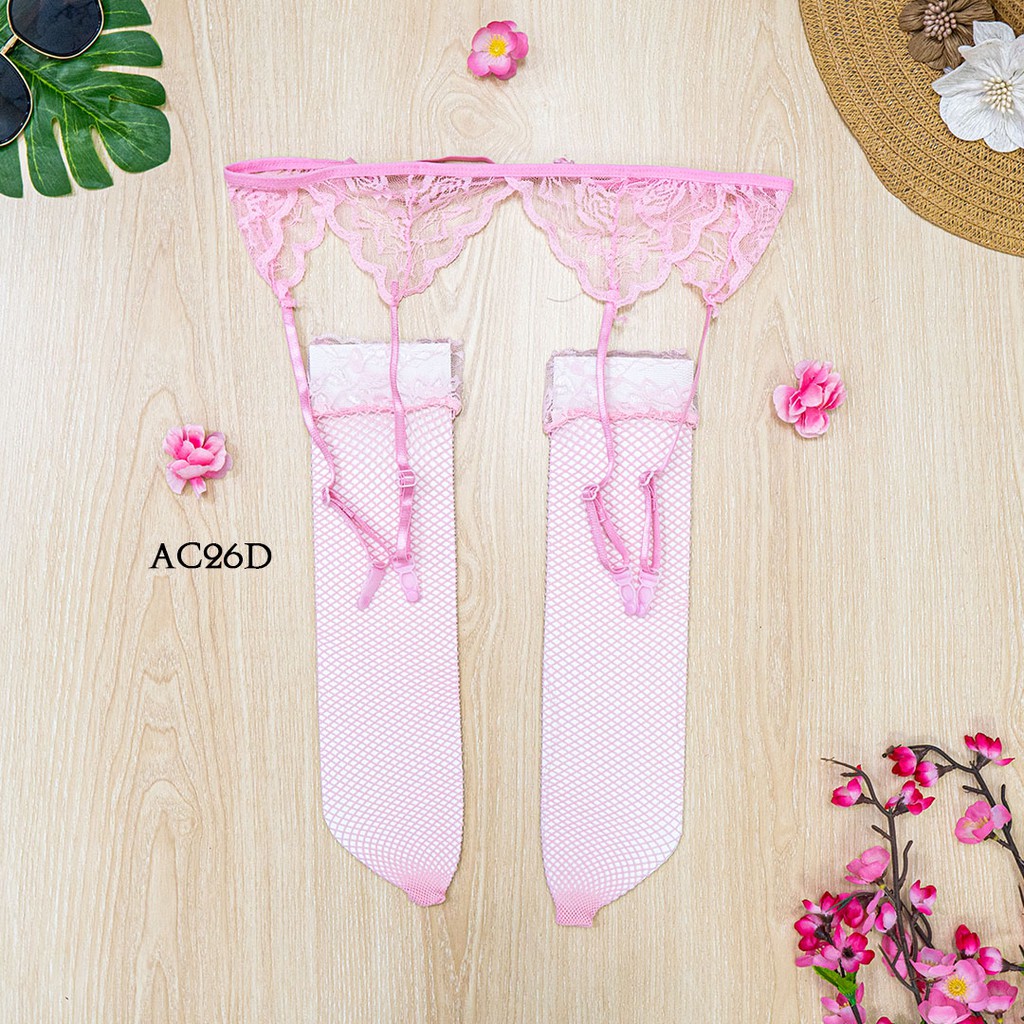 [BISA COD] STOCKING WANITA + SABUK PAHA LACE GARTER BELT SEXY PINK AC26D