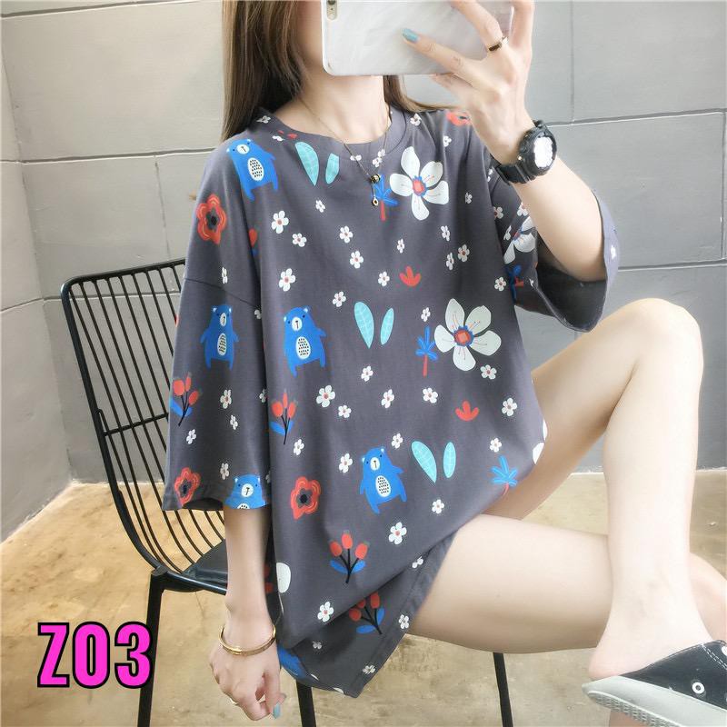 Oversize Tee Tshirt   Wanita Model Longgar Motif Bear Bunga Z03