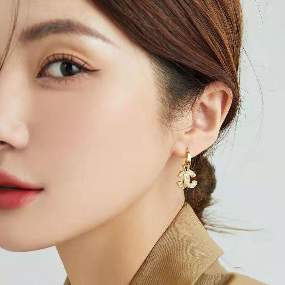 [Elegan] C Huruf Anting Trendi Retro Stud Earrings Perempuan Berlian Aksesoris Telinga Wanita Menjuntai Earrings