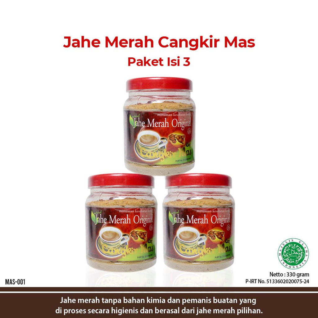 

Paket Hemat 3 Cangkir Mas Jahe Merah Original Plus Gula Alami Minuman Kesehatan Herbal (330 gr)