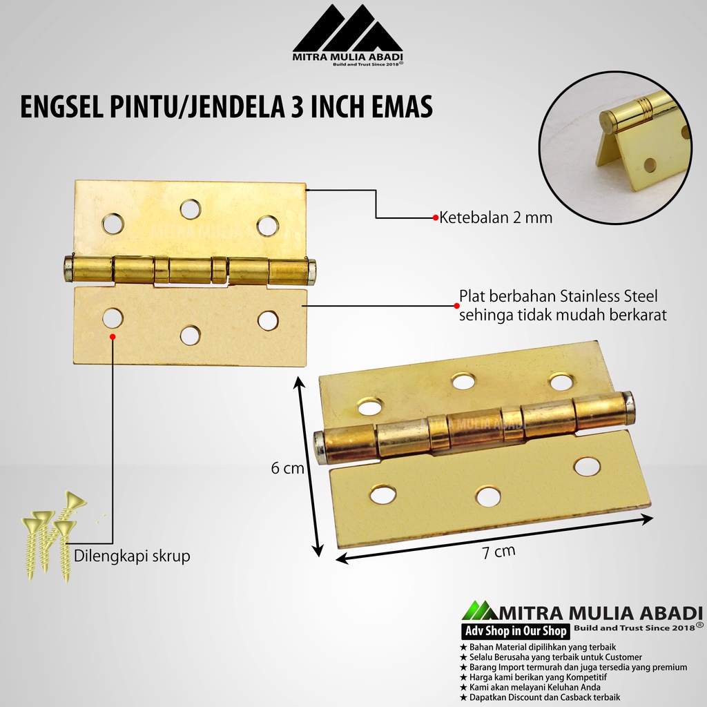 Engsel Pintu 3&quot; Jendela Tebal  HPP GOLD