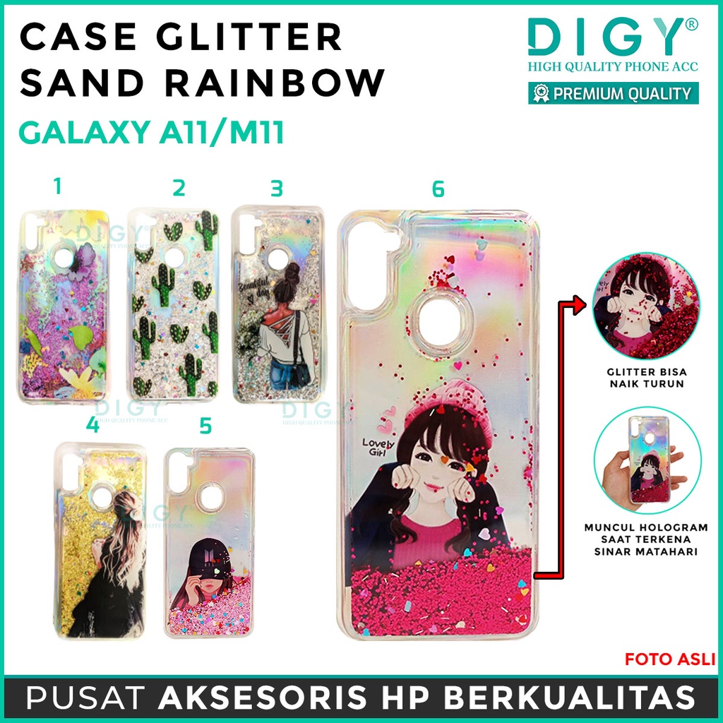 Case hp import murah Samsung  A11 = M11 Glitter Dynamic Liquid Quicksand Case Motif cewe heart bts