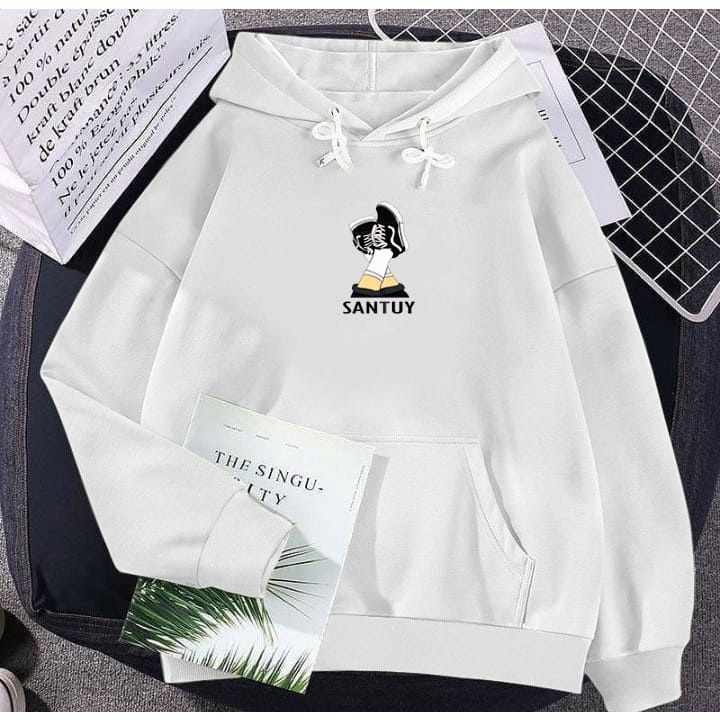 Santuy Hoodie L XL XXL Sweater Hoodie Cewek Cowok Gaya Casual Terbaru-Putih