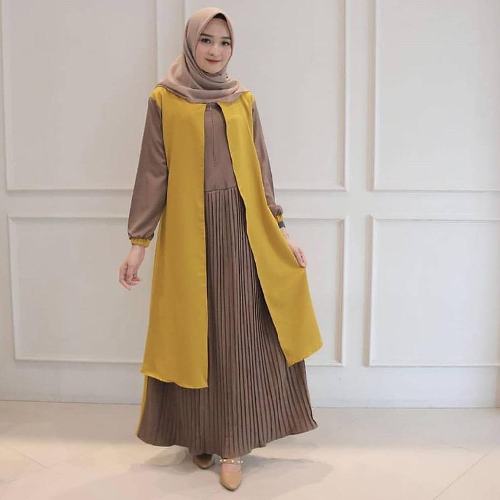 Dress Plisket Model Outer Two Tone bahan Moscrepe / Gamis Maxi Dress Wanita Motif 2 Warna