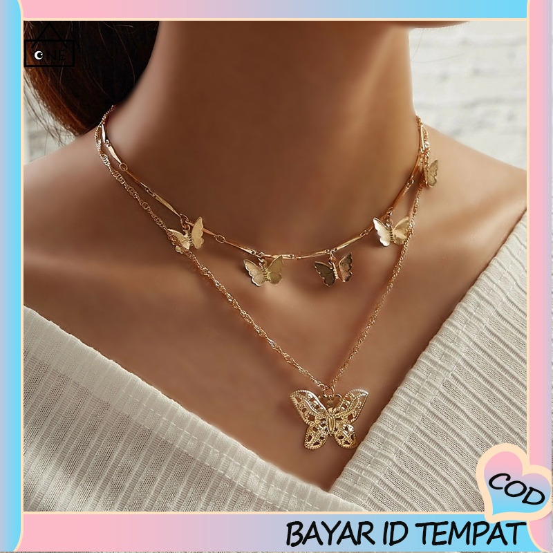 COD❤Liontin Kupu-kupu Baru Kalung Multi-layer Kreatif Retro Emas Alloy Kalung Double-layer A one