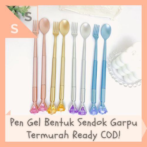 

[simplyshop] 1 Pasang Sendok + Garpu Pen / Pulpen Alat Makan Kristal Diamond Tip Gel Tinta Hitam Mainan Lucu Souvenir Alat Tulis Anak