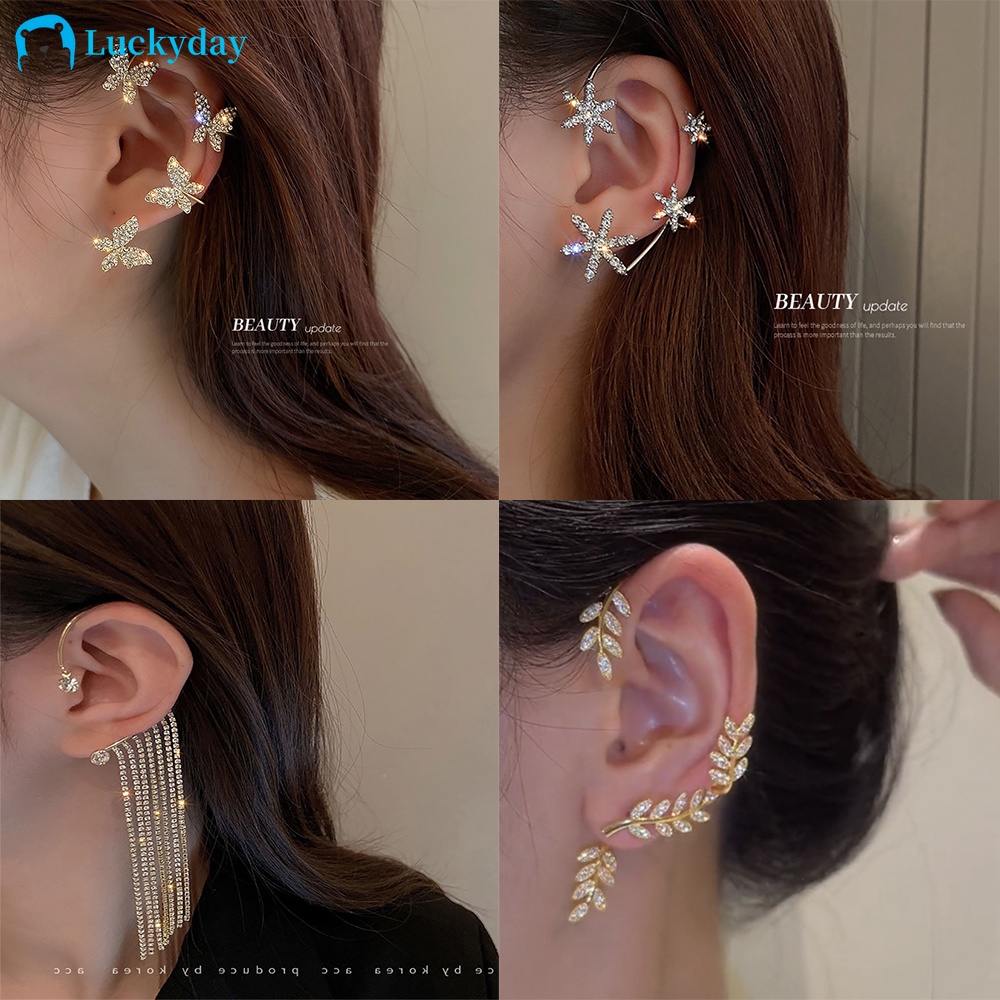 YEEZII Anting Kait Gantung Desain Kupu-Kupu + Daun + Kristal + Mutiara Warna Gold / Silver Untuk Wanita